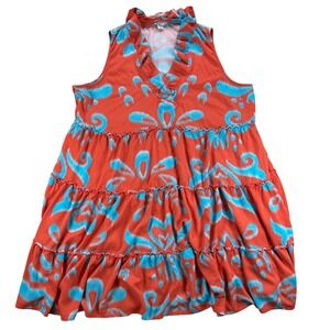 Crown & Ivy Flowy Tiered Dress Womens XL Orange Turquoise Boho Ruffle Pockets